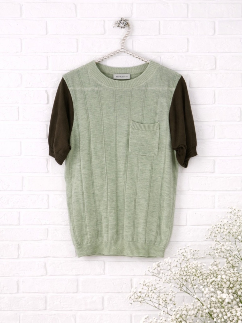 Lee Mathews Sage Green Contrast Tencel Short Sleeve Top Size M